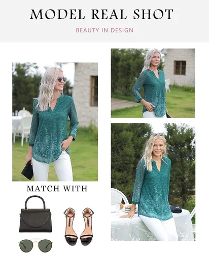 Miniatura 3 de Timeson Blusas de manga 34 para mujer, estilo casual, cuello en V, camisas de vestir de doble capa, túnicas de malla