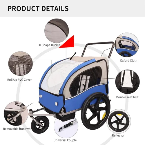 Miniatura 5 de Remolque y cochecito de bicicleta para niños de 2 asientos, remolque de bicicleta y cochecito 2 en 1 para 2 niños, plegable con rueda delantera