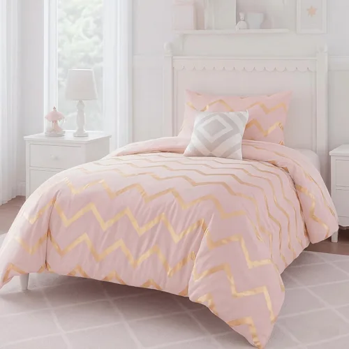 Codi Juego de edredón individual para niñas adolescentes, ropa de cama de 3 piezas, rosa y dorado, cálido y ligero para dormitorio o dormitorio