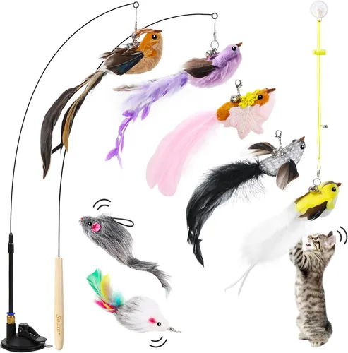 Miniatura 7 de Soarer Juguetes de plumas interactivos para gatos 4 en 1, 12 piezas de plumas de gato duraderas para caña de pescar, juguete de vara para gatos