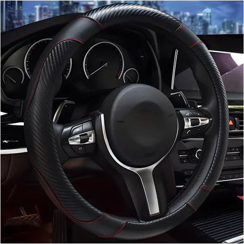 Miniatura 21 de DXNQ Funda para volante de automóvil, 15 pulgadas de fibra de carbono con costuras de piel, protector de volante de color, antideslizante, elástica