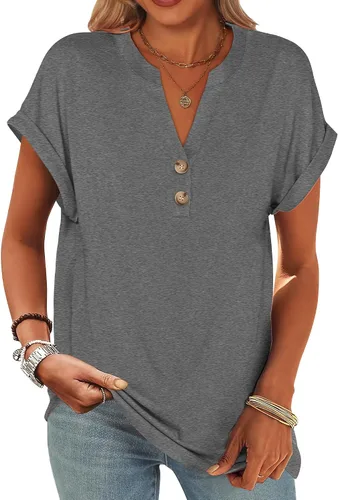 Miniatura 22 de ANRABESS - Camisetas Henley de manga corta para mujer, cuello en V, elegantes, estilo informal, de corte suelto; blusas fluidas de verano, ropa