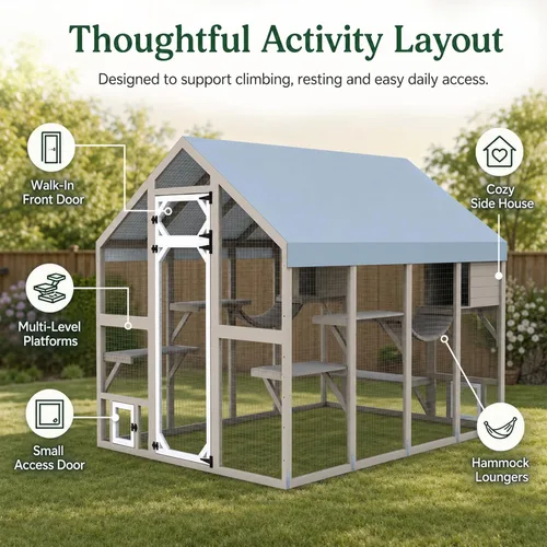 Miniatura 2 de PetsCosset 71" H Large Catio Outdoor Cat Enclosure Window Catios Wooden Walk-in Catio for Multiple Cats with 2 Resting Houses, 6 Platforms