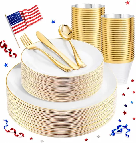 Miniatura 14 de WDF - 150 piezas de platos de plástico negros - Platos desechables negros y dorados - Juegos de vajilla desechables para 25 invitados