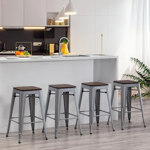 Miniatura 4 de Juego de 4 taburetes de bar de metal sin espalda de 24 pulgadas, apilables, industriales, para taburetes de isla de cocina, con asiento de madera