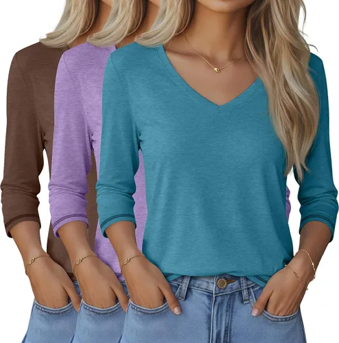 Miniatura 45 de Ficerd Paquete de 3 camisetas de manga 3/4 para mujer, cuello en V, blusas holgadas, blusas casuales, ropa de moda 2026