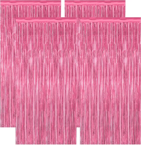 Miniatura 15 de Paquete de 2 Decoraciones de Fiesta Rosadas, Telón de Fondo Rosa de 3.28 pies x 7.05 pies, Cortinas de Telón de Fondo de Flecos de Oropel Metálico