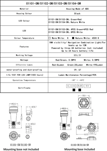 Miniatura 4 de Pactrade Marine Luces de navegación para barcos LED - Luces de navegación rojas y verdes alimentadas por batería para barcos - Adaptador y soportes