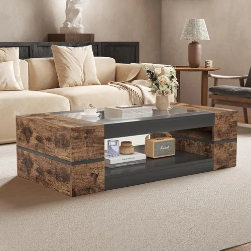 Miniatura 9 de HedoAjim Mesa de centro moderna y elegante de 47.2 pulgadas con parte superior de cristal, mesa grande para sala de estar, mesas centrales