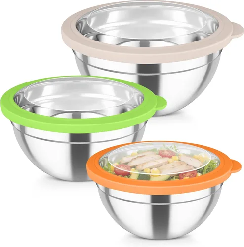 Miniatura 8 de Juego de cuencos para mezclar TeamFar con tapas, 4.5/3/1.5 QT, cuencos para ensalada anidados de acero inoxidable con tapas herméticas, para Caqui