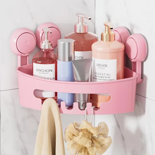 Miniatura 13 de LEVERLOC Organizador esquinero para ducha con ventosa, cesta de ducha potente con ventosa, organizador impermeable y resistente al óxido