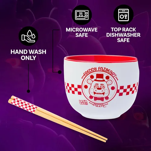 Miniatura 4 de Silver Buffalo Five Nights at Freddy's Freddy Fazbear - Cuenco de cerámica para fideos ramen y arroz con diseño de caja de pizza, con palillos