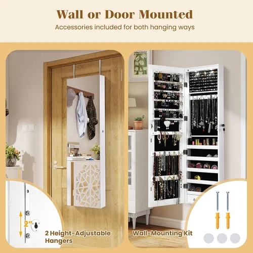 Miniatura 65 de Giantex Armario de joyería para puerta de pared con espejo de longitud completa, 2 LED con cerradura grande organizador de joyas con espejo ancho