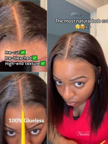 Miniatura 7 de Nadula Peluca de encaje Yaki de 10 pulgadas 13x4 HD con cordón – Peluca de cabello humano sin pegamento con cinta para las orejas, nudos invisibles