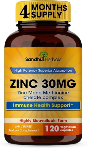 SANDHUHERBALS Cápsulas de zinc de 30 mg para hombres y mujeres | 120 unidades (paquete de 1) | Suplementos de zinc para apoyo inmunológico y