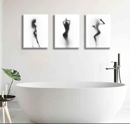 Miniatura 4 de Arte de pared para decoración de baño, 3 piezas, arte de pared en blanco y negro, pósteres sexys, impresión en lienzo, pintura de silueta nebulosa