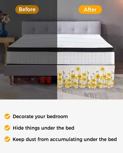 Miniatura 3 de Falda de cama floral amarilla, tamaño King de 16 pulgadas de caída, ajustable y elástica, plisada, con volantes de polvo de lujo para cama