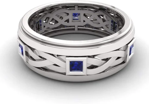 Miniatura 2 de Diamondere Anillo de boda de zafiro azul de corte princesa natural y certificado en plata de ley 925 Anillo de nudo celta de 0,97 quilates