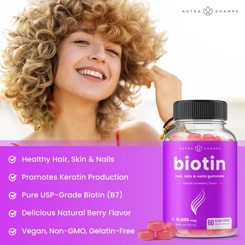 Miniatura 2 de NutraChamps Gomitas de Biotina 10000mcg [Alta Potencia] para Cabello Saludable, Piel y Uñas, Vitaminas para Mujeres, Hombres y Niños - 5000mcg