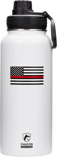 Miniatura 15 de Botella de agua aislada, negro, acero inoxidable, 32 onzas, diseño de bandera estadounidense de línea azul fina, boca ancha