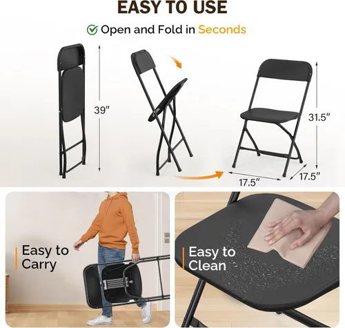 Miniatura 3 de VINGLI Juego de sillas plegables, asiento plegable portátil y cómodo para adultos, marco de metal con panel de plástico, ideal para fiestas, Negro