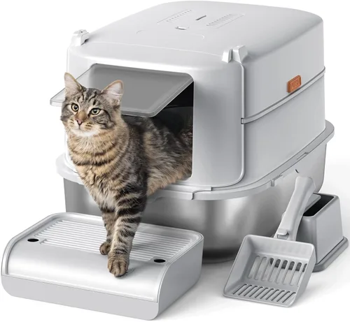 Miniatura 9 de Furkid Caja de arena para gatos de acero inoxidable con tapa, caja de arena extra grande XL para gatos grandes, caja de arena de metal cerrada