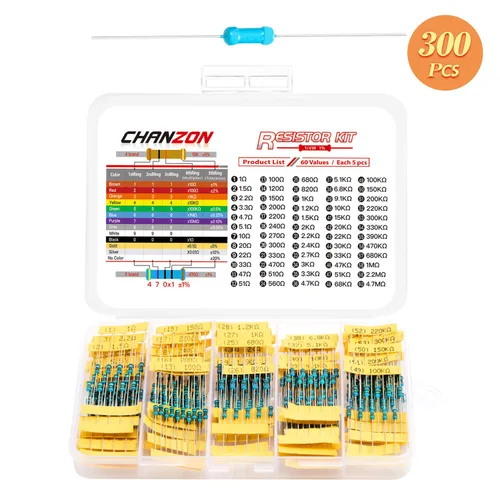 Miniatura 6 de Chanzon 60 valores 1/4W (0.25 vatios) Kit de resistencias fijas de película metálica 300 piezas 1R-4.7MR Ω ohmios ±1% Tolerancia 0.01 MF