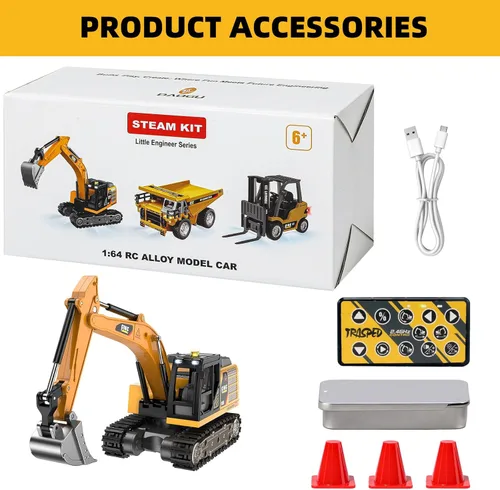 Miniatura 7 de Miniexcavadora a control remoto, juguetes de vehículos de construcción de aleación RC 1:64, herramientas STEM para aprender programación para niños
