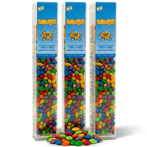 Miniatura 3 de Kimmie Candy Sunbursts - Semillas de girasol cubiertas de chocolate con cáscara de caramelo colorida, tubo de 2.5 onzas, sin OMG, sin cacahuetes