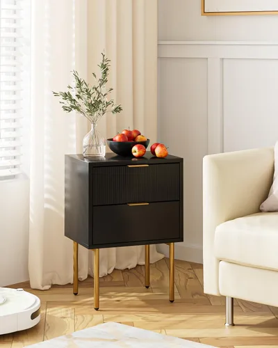 Miniatura 5 de Mesita de noche, mesita de noche pequeña con marco dorado, mesita de noche negra, muebles de noche, mesa auxiliar con 2 cajones para dormitorio
