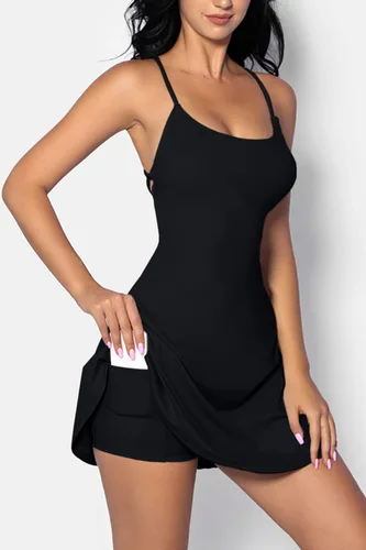 Miniatura 3 de QINSEN Vestido de dos piezas para mujer con pantalones cortos, vestido de tenis con espalda abierta para entrenamiento y golf activo