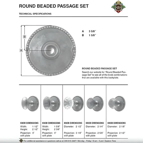 Miniatura 3 de The King's Bay Large Round Beaded Passage Set in Polished Brass - Select Door Knobs (Glass)