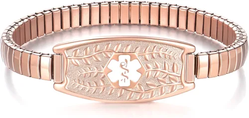 Miniatura 12 de Pulsera de Alerta Médica Elástica Oliva Divoti – Etiqueta de ID de Acero Inoxidable Grabada Personalizada – Hipoalergénica, Sin Cierre