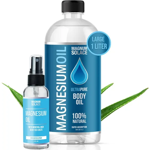 Spray de aceite de magnesio y remojo de baño, botella grande de 1 litro (34 onzas) y 2 onzas, alternativa a los copos de baño de magnesio o sales de
