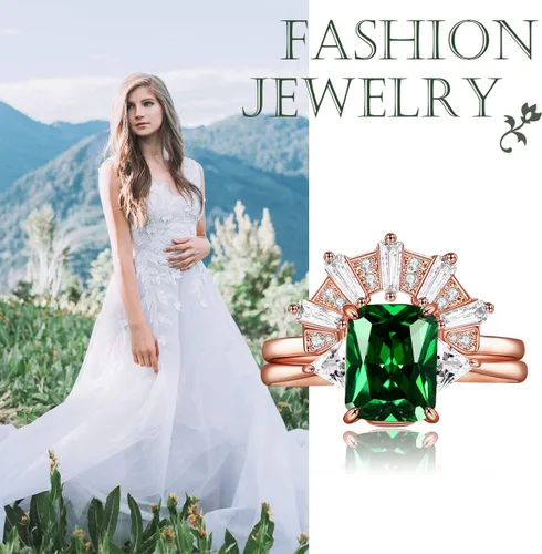 Miniatura 4 de JIANGYUE Anillos apilables de circonita cúbica verde esmeralda para mujer, oro rosa, blanco, corona, juego de anillos de boda, joyería para el día