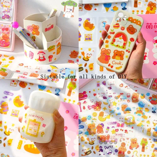 Miniatura 6 de Adhesivos de conejito y oso de dibujos animados lindos, EAMOTOL 100 hojas de animales kawaii transparentes de PET para álbum de recortes, Paraíso