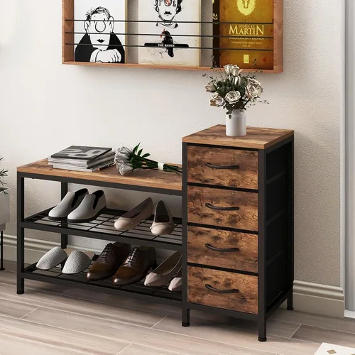 Miniatura 8 de EXOTICA Banco de entrada de 3 niveles con almacenamiento para zapatos, banco con 4 cajones de tela, marco metálico y tablero de madera, zapatero