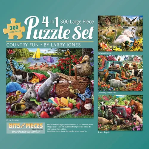 Bits and Pieces Juego de rompecabezas multipaquete 4 en 1 para adultos – Picnic Surprise, Pickup Tractor & Retiro de verano por Larry Jones – Piezas