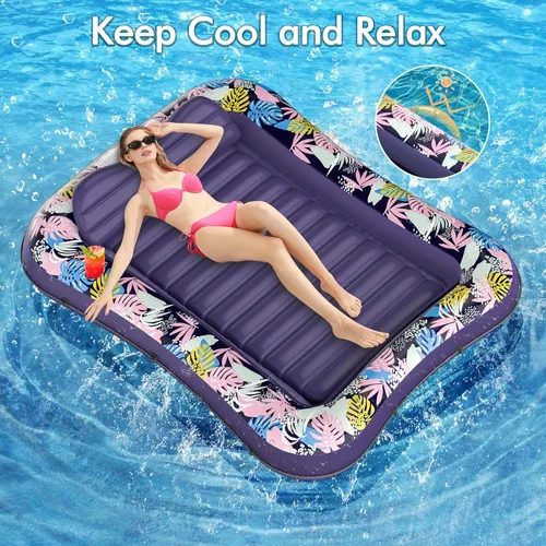 Miniatura 4 de OKSUWATER - Flotador para tumbona de piscina, de 75 x 51 pulgadas, para adultos, con reposacabezas y soporte para bebidas, cama inflable para tomar