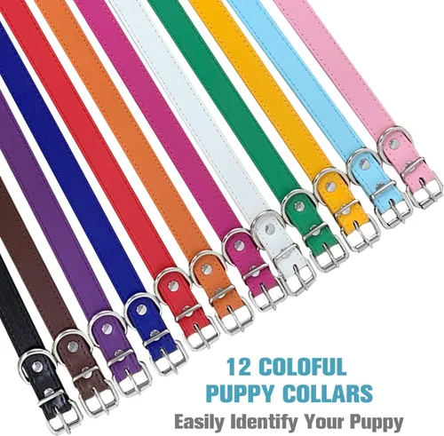 Miniatura 6 de Collares para mascotas – Collares de cuero para perros pequeños – Collar de identificación de cuero ajustable de 12 colores para cachorros, perros