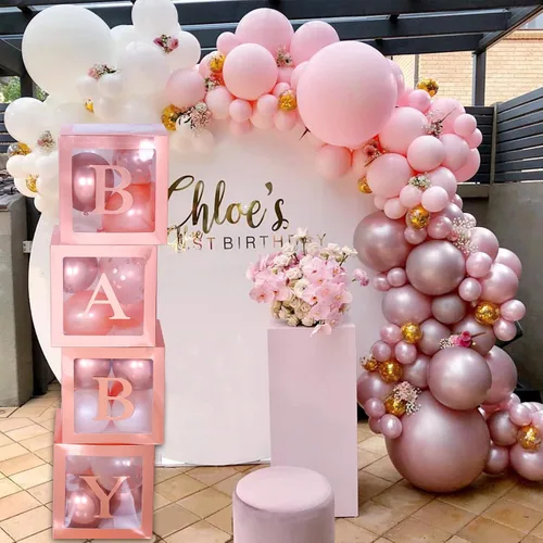 Miniatura 4 de 82 piezas de cajas de bebé de oro rosa con letras para decoraciones de baby shower, bloques de bebé transparentes jumbo para niña, caja de globos