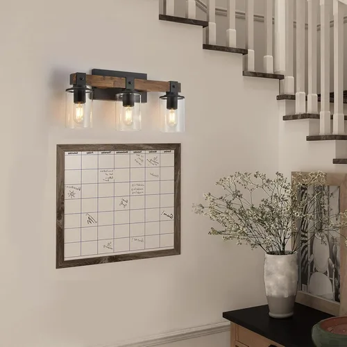 Miniatura 7 de DUJAHMLAND Lámpara de tocador de granja, lámpara de pared de madera de baño de 3 luces sobre espejo con pantalla de vidrio transparente, iluminación