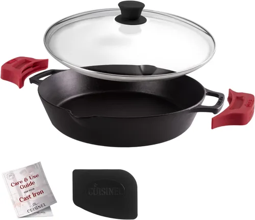 Miniatura 16 de Cuisinel Juego de sartenes de hierro fundido, sartén de 8 pulgadas + 12 pulgadas + tapas de vidrio, utensilios de cocina pre-sazonados, soportes