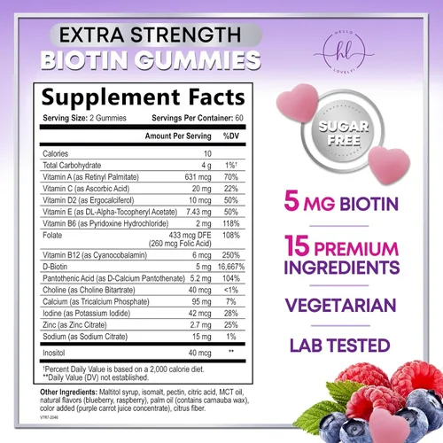 Miniatura 2 de Gomitas de vitaminas para el cabello con biotina, 5000 mcg por porción, apoyo al crecimiento del cabello con vitaminas E y C para un cabello más