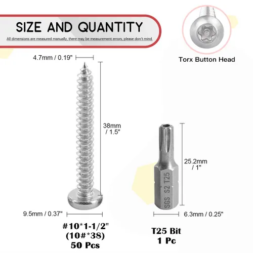 Miniatura 2 de Hilitchi 50 unidades #10 x 1-1/2" cabeza de botón de acero inoxidable Torx Tornillos de chapa de metal de seguridad Tornillos plateados antirrobo a
