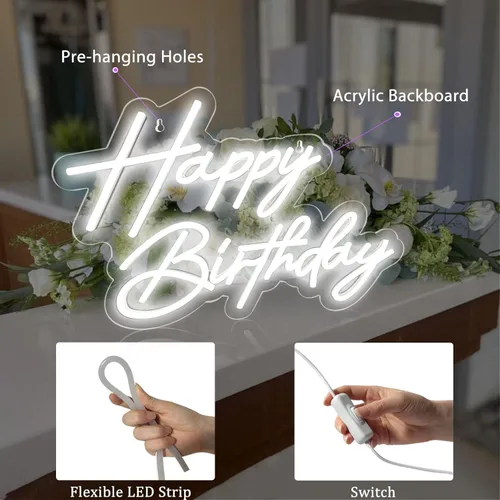 Miniatura 8 de Letrero de neón de feliz cumpleaños para decoración de pared, luz de neón LED blanca de 17×12 pulgadas, letrero de luz de neón de feliz cumpleaños