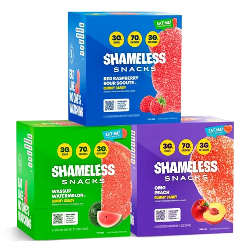 Miniatura 18 de Shameless Snacks – Snacks saludables bajos en calorías, gomitas keto bajas en carbohidratos (caramelos sin gluten) – Paquete de 6 Green Apple Blast