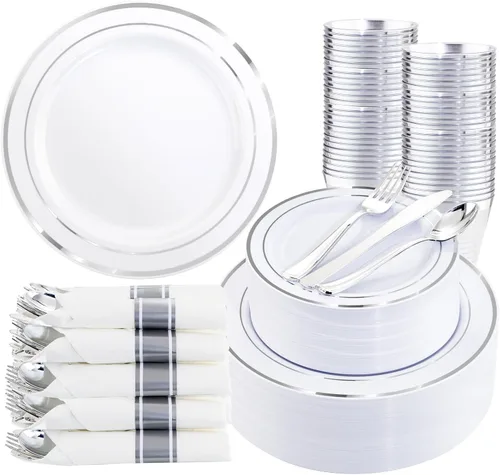 Miniatura 28 de 350 piezas de platos de plástico negro y dorado con cubiertos desechables, incluye 50 platos de cena de 9 pulgadas, 50 platos de postre de 6.3
