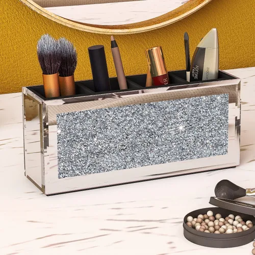 Miniatura 9 de SHYFOY Organizador Portacepillos de Maquillaje Negro, Organizador de Almacenamiento de Cepillos de Cosméticos de 3 Ranuras de Vidrio con Diamante