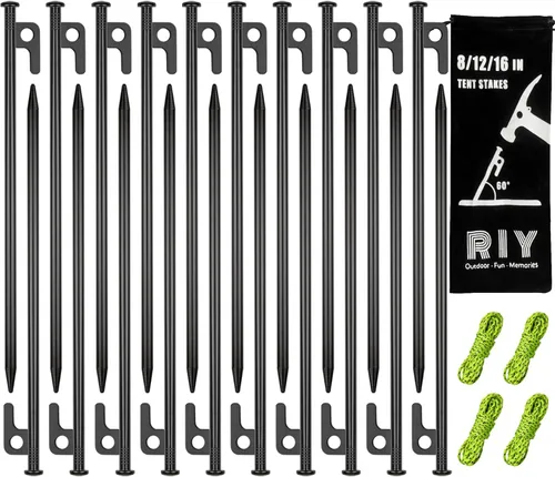 Miniatura 12 de Paquete de 8 estacas de metal resistentes para tienda de campaña para camping, estacas de acero de 12 pulgadas, irrompibles e inflexibles